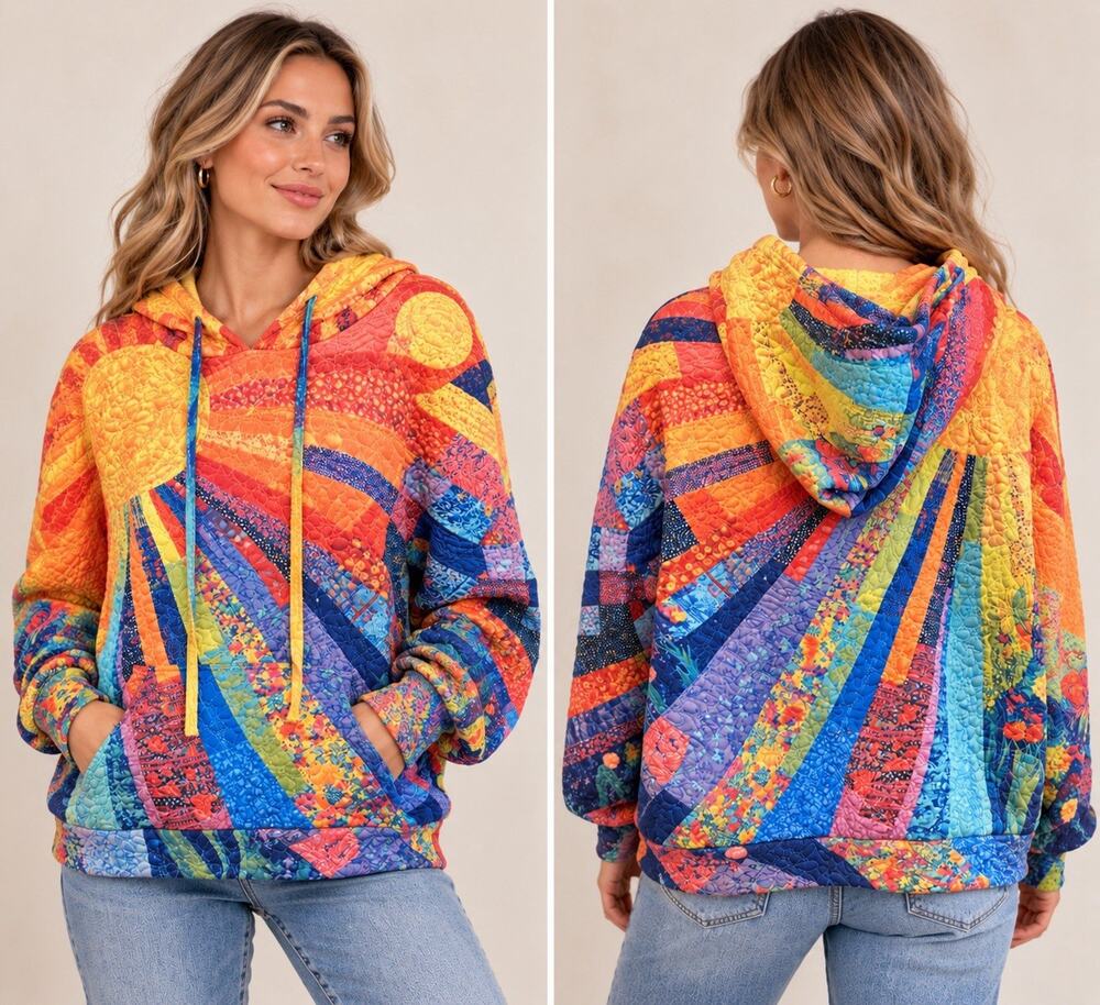 Women’s Sunshine Multicolor Quilted Patchwork Pullover Hoodie Boho Sun Ray XL